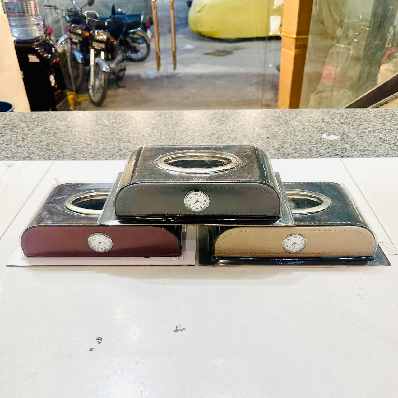 PU Leather Car Headrest Tissue Box Holder With Clock