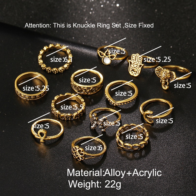 Pack of 13 Rings Vintage Hollow Turkish Hand Ring Sets Gold