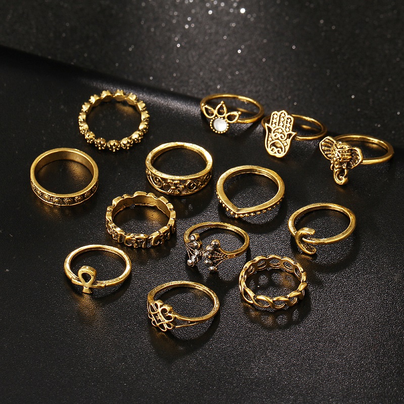 Pack of 13 Rings Vintage Hollow Turkish Hand Ring Sets Gold