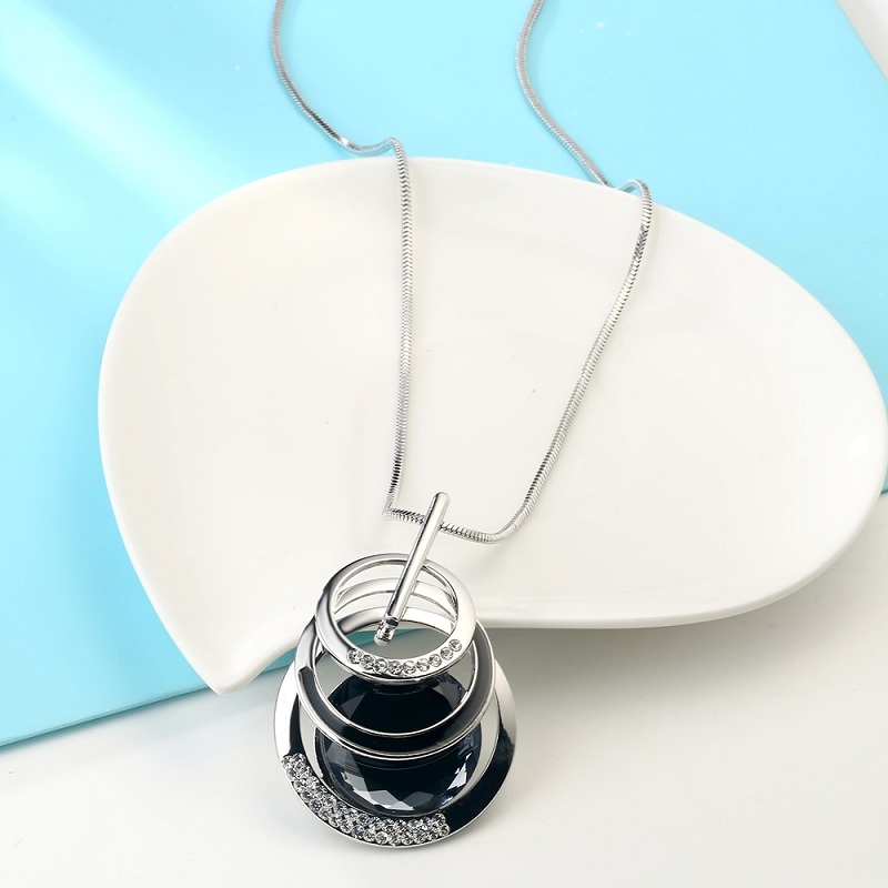 Crystal 3 Layered Round Circle Long Pendants Necklaces