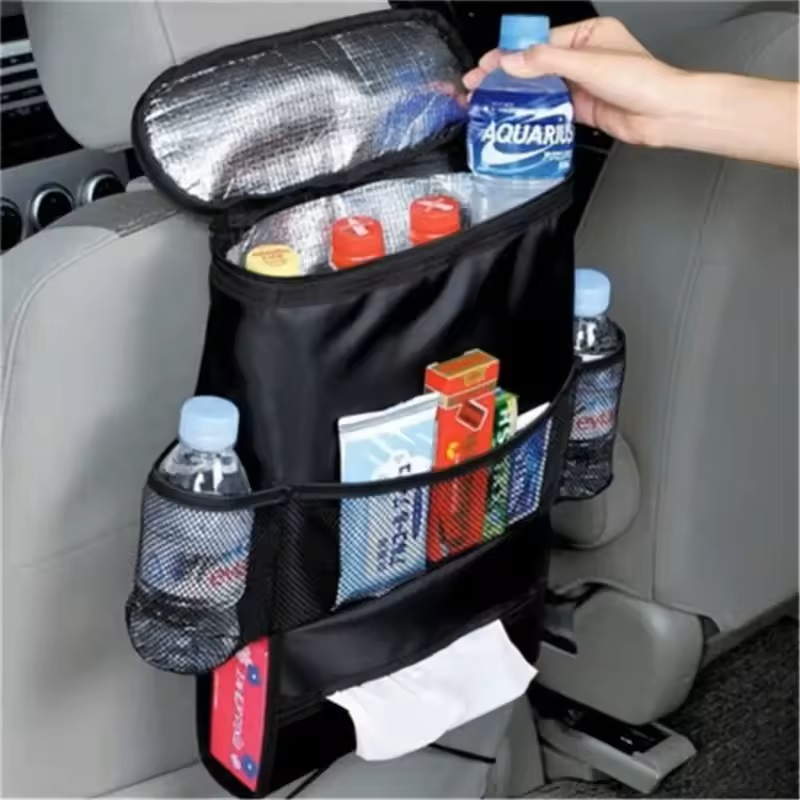 Car Seat Back Organizer Insulated Cooler Hanging Bag Multi Pockets with Tissue Holder Travel Thermal Storage
