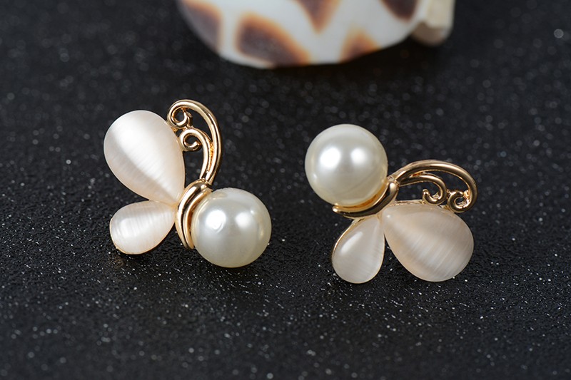 Gold Opal Earrings Simulated Pearl Jewelry Butterfly Stud