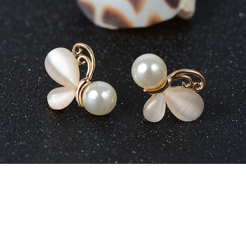 Gold Opal Earrings Simulated Pearl Jewelry Butterfly Stud