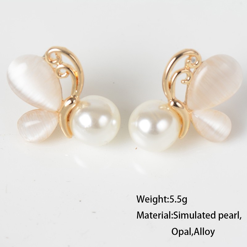 Gold Opal Earrings Simulated Pearl Jewelry Butterfly Stud