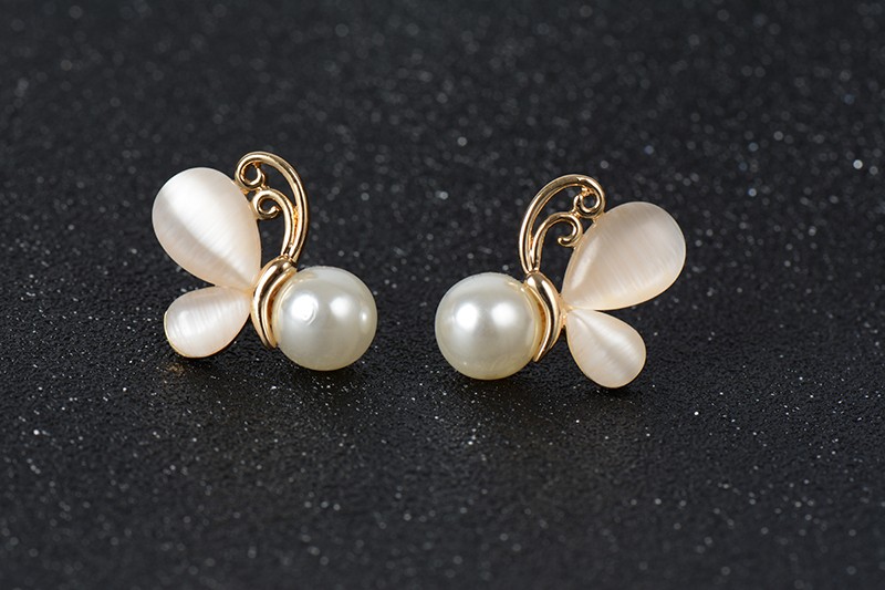 Gold Opal Earrings Simulated Pearl Jewelry Butterfly Stud