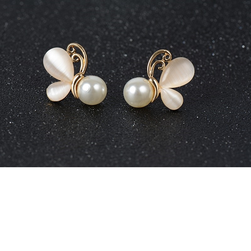 Gold Opal Earrings Simulated Pearl Jewelry Butterfly Stud