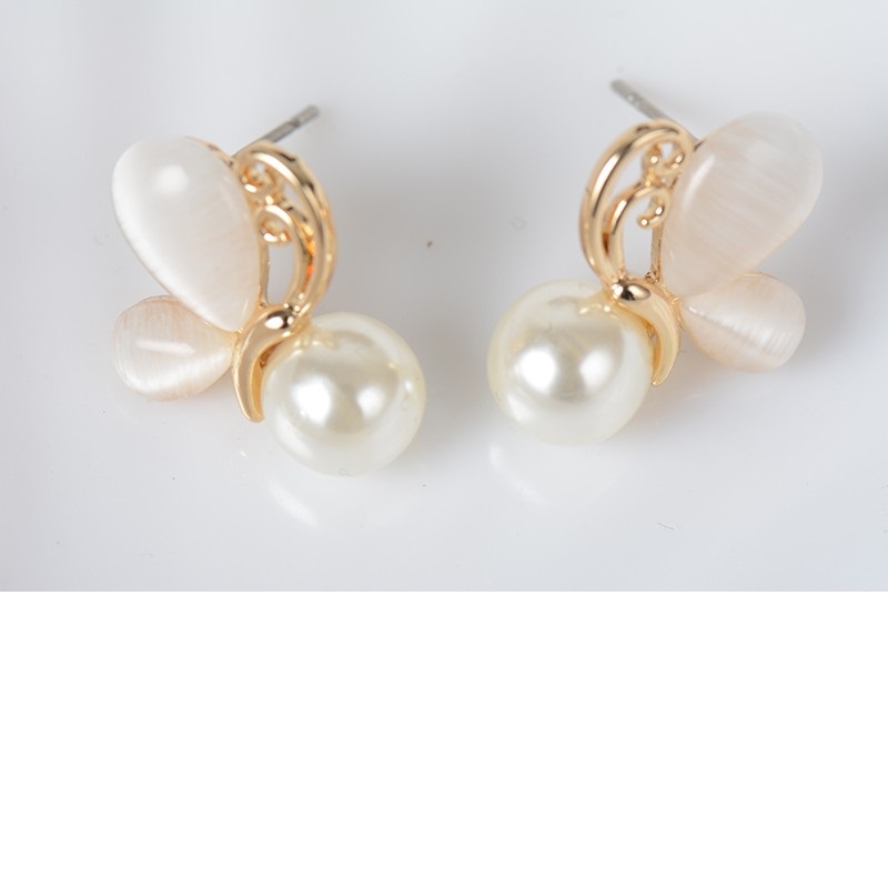 Gold Opal Earrings Simulated Pearl Jewelry Butterfly Stud