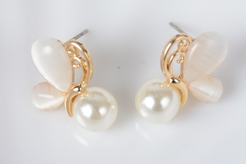 Gold Opal Earrings Simulated Pearl Jewelry Butterfly Stud