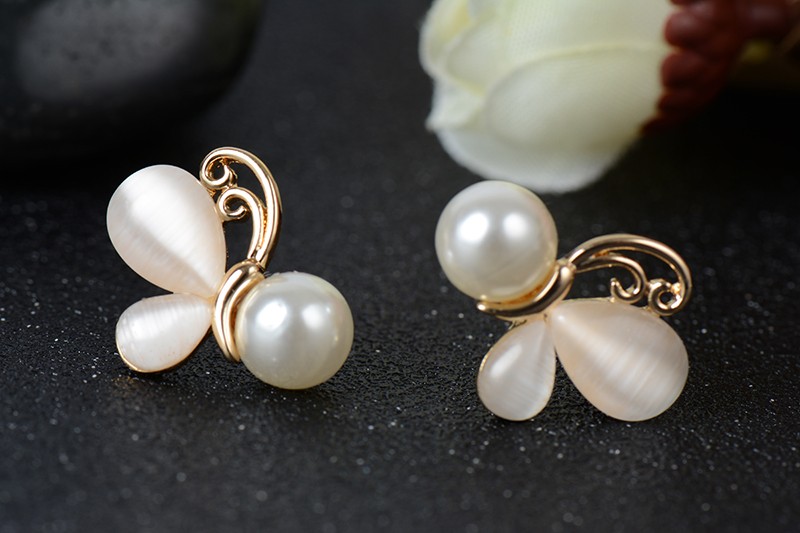 Gold Opal Earrings Simulated Pearl Jewelry Butterfly Stud