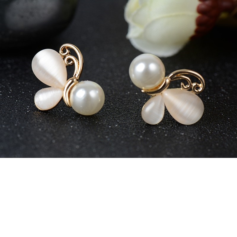 Gold Opal Earrings Simulated Pearl Jewelry Butterfly Stud