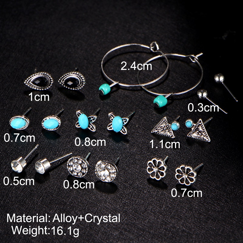 Set 9 Pairs/ Crystal Stud Earrings Vintage Flower Clip Cuff Earring