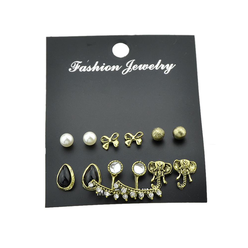 6 pairs/set Rhinestone Simulated-pearl Stud Earrings Ear Jacket