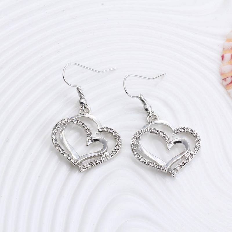 Heart Pattern Crystal Earrings Necklace Set Silver Color