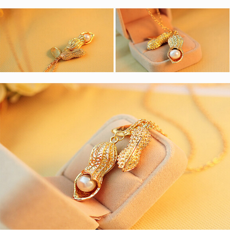 Gold Color Simulated Pearl Long Peanut Necklace