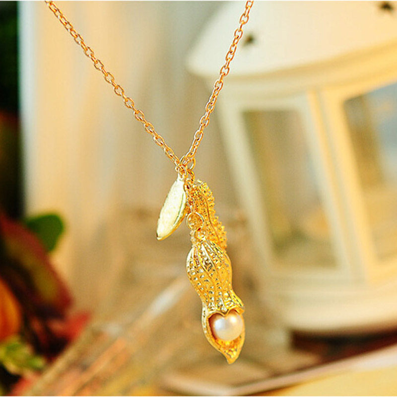 Gold Color Simulated Pearl Long Peanut Necklace