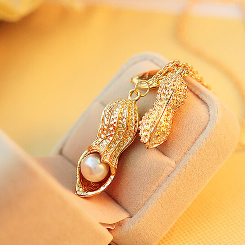 Gold Color Simulated Pearl Long Peanut Necklace