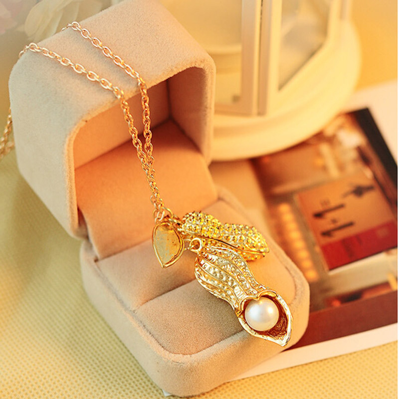 Gold Color Simulated Pearl Long Peanut Necklace