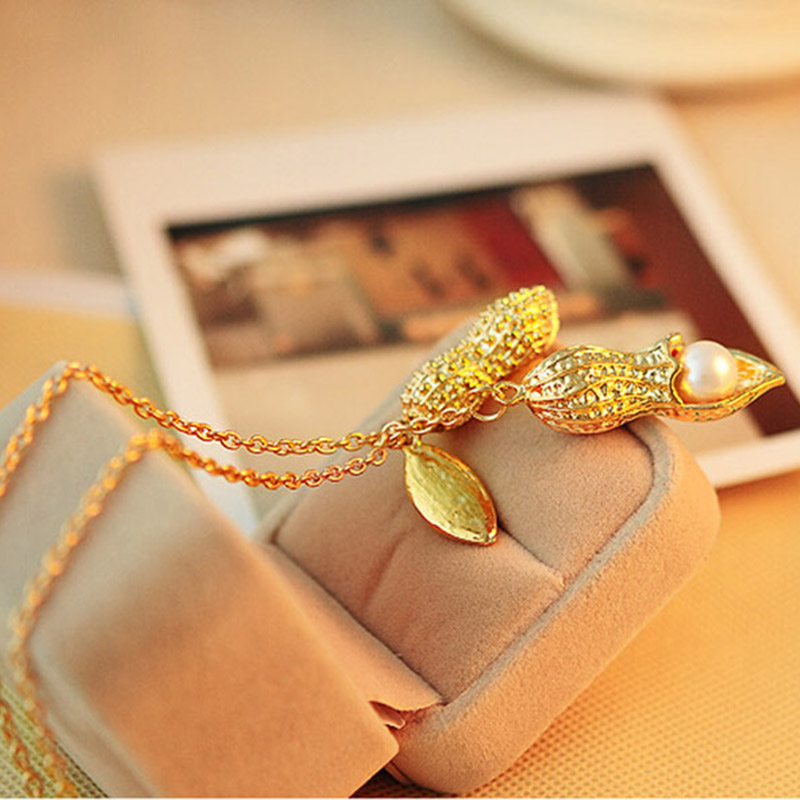 Gold Color Simulated Pearl Long Peanut Necklace