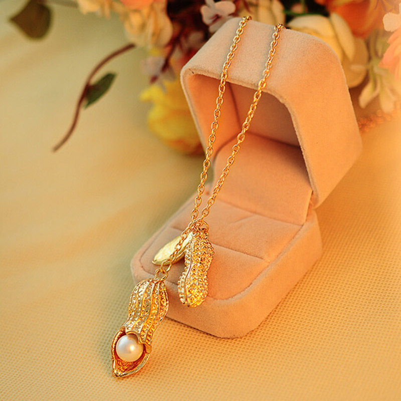 Gold Color Simulated Pearl Long Peanut Necklace