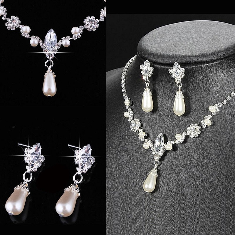 Crystal Simulated Pearl Jewelry Set Necklace Earrings