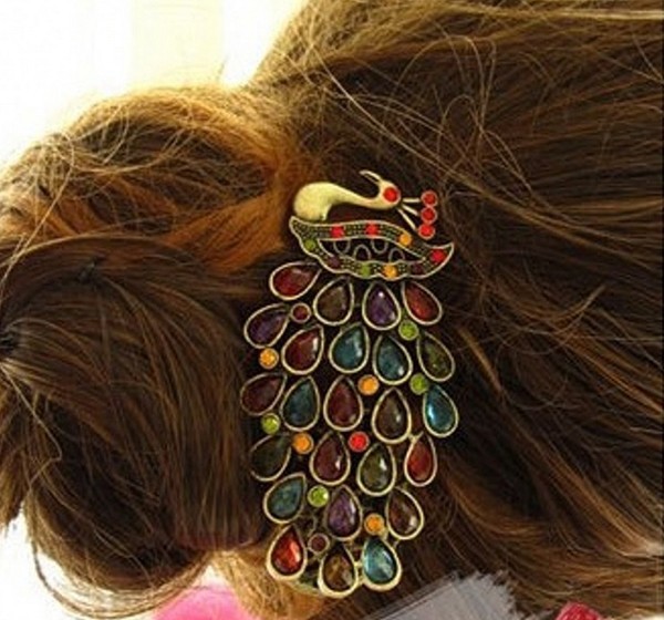 Vintage Colorful Rhinestone Peacock Hairpin Hair Clip