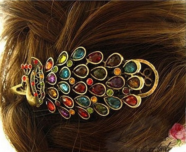 Vintage Colorful Rhinestone Peacock Hairpin Hair Clip