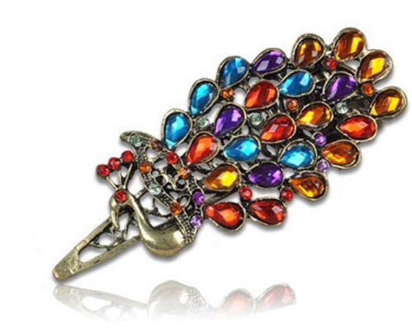 Vintage Colorful Rhinestone Peacock Hairpin Hair Clip