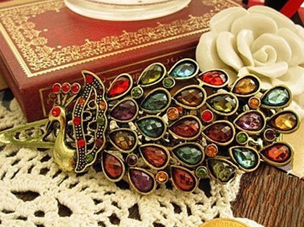 Vintage Colorful Rhinestone Peacock Hairpin Hair Clip