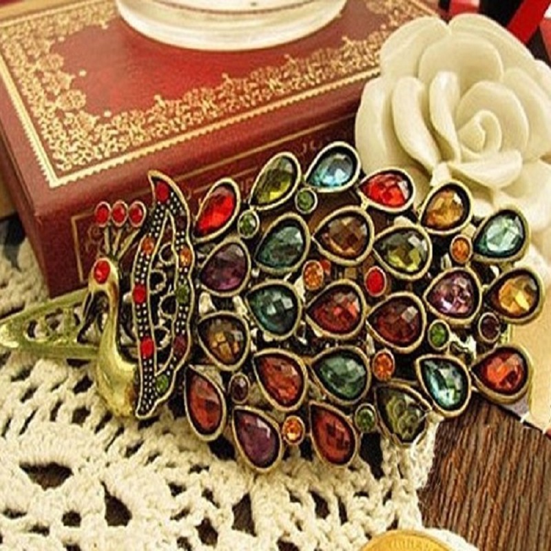 Vintage Colorful Rhinestone Peacock Hairpin Hair Clip