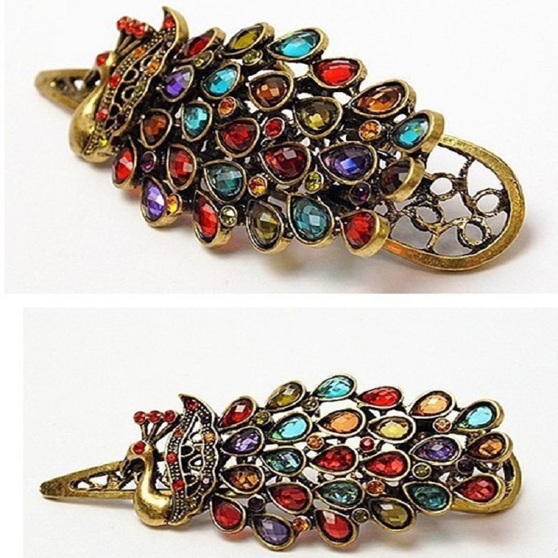 Vintage Colorful Rhinestone Peacock Hairpin Hair Clip