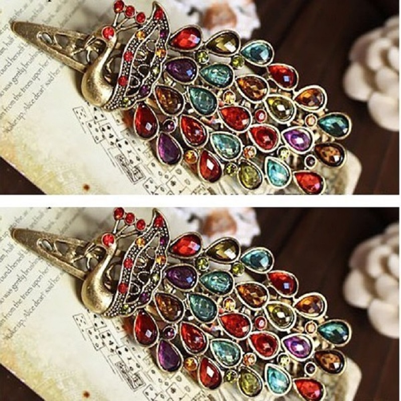 Vintage Colorful Rhinestone Peacock Hairpin Hair Clip