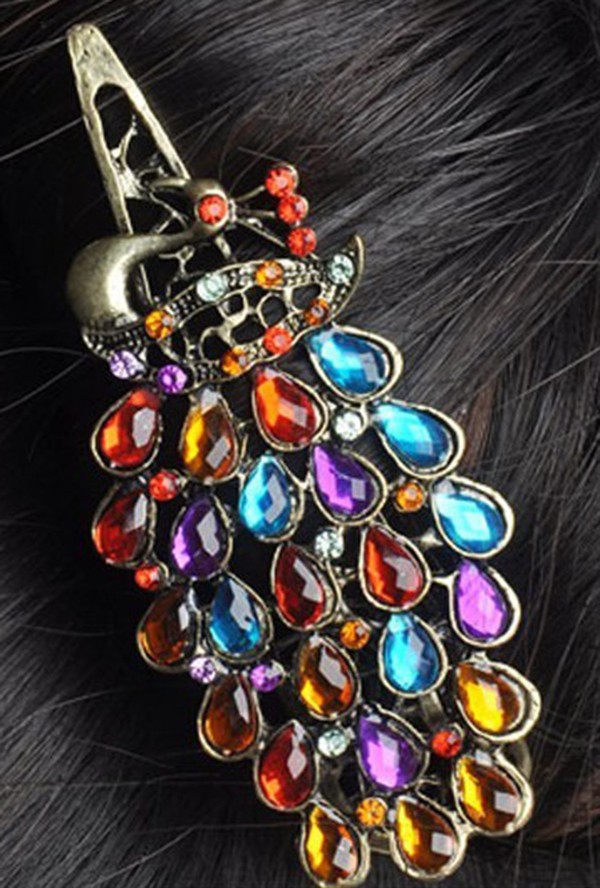 Vintage Colorful Rhinestone Peacock Hairpin Hair Clip