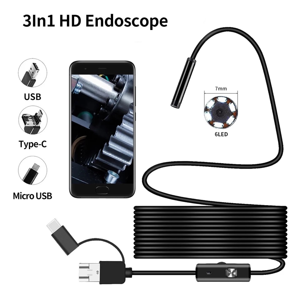 3 In 1 Type-c Android 6 LEDs USB Endoscope Inspection Mini Camera Borescope Flexible Hard Cable for Android Smartphone PC